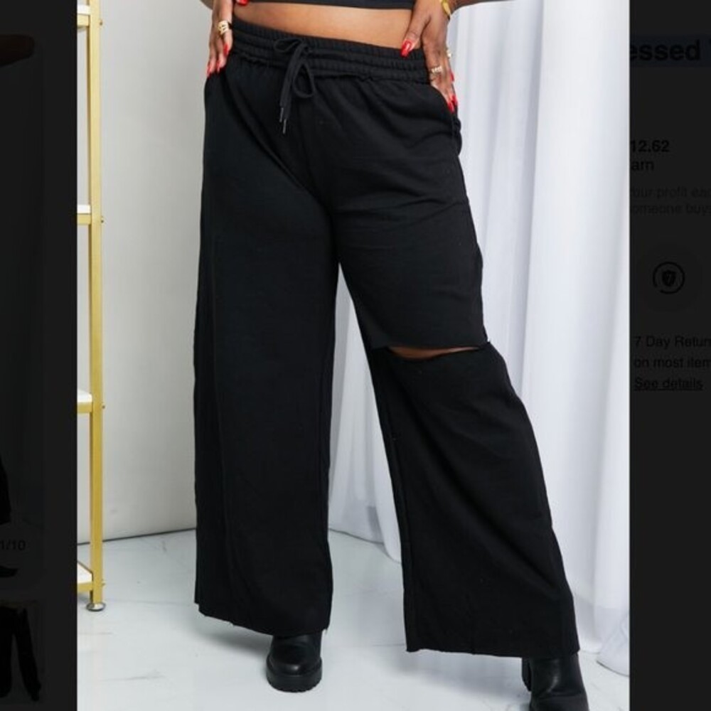 Zenana Drawstring Waist Distressed Wide Leg Pants in Black NWOT Large